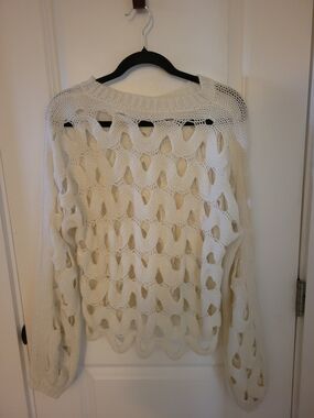 Openwork Cream Scoop Neck Sweater